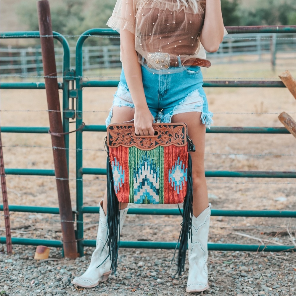 Hand Tooled Aztec Fringe Tribal Print Western Purse